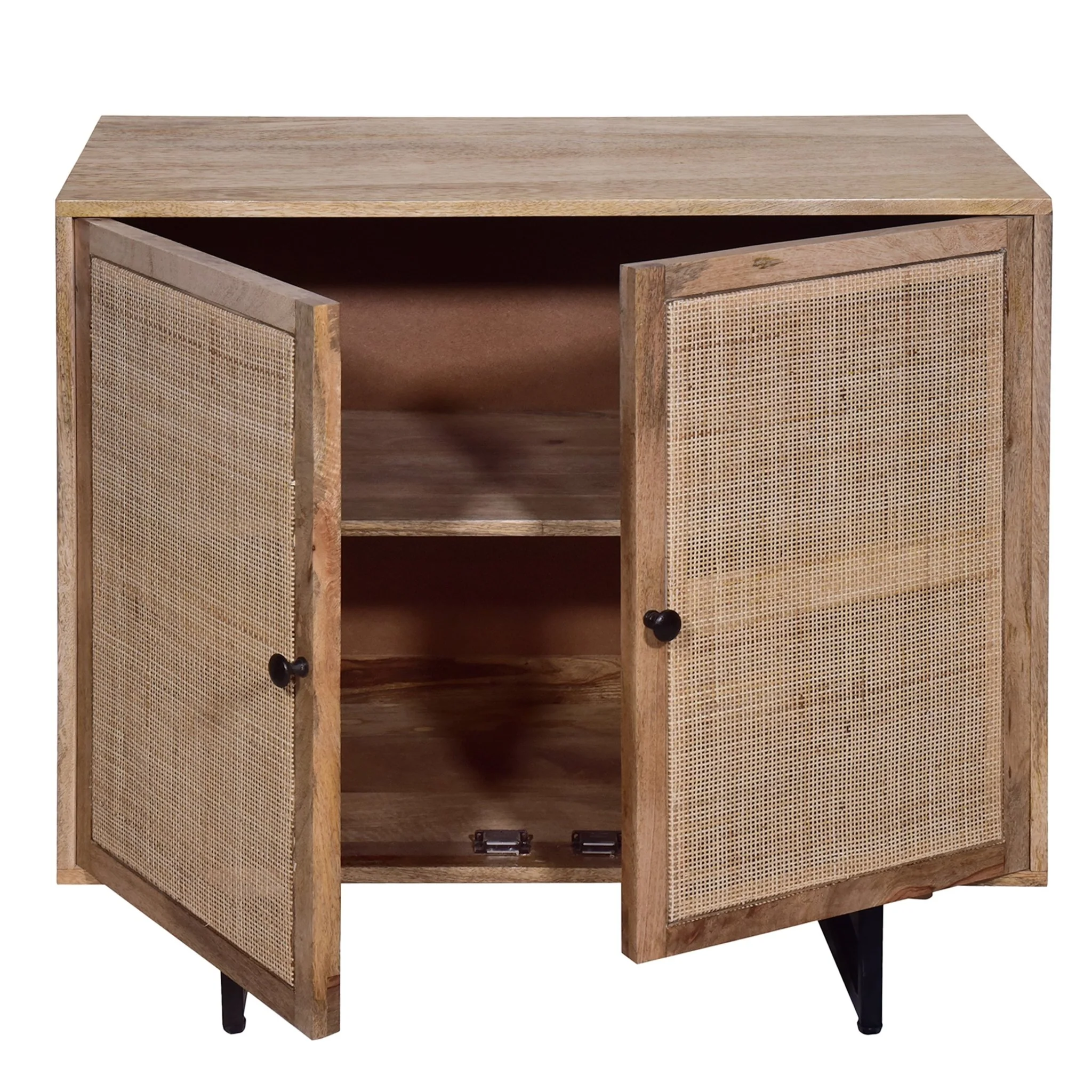 35 Inch Handcrafted Accent Cabinet with 2 Mesh Rattan Doors, Black Iron Legs, Natural Brown Mango Wood Frame - Image 3