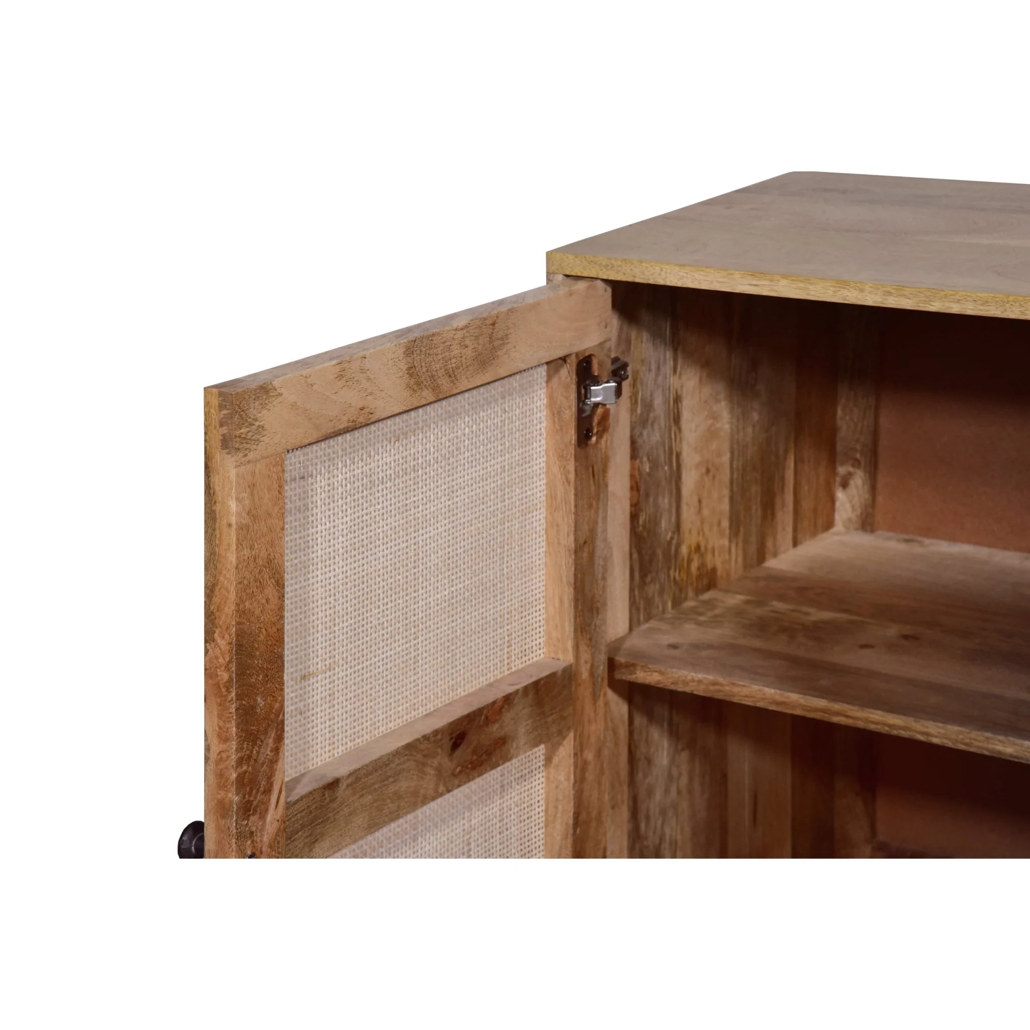 35 Inch Handcrafted Accent Cabinet with 2 Mesh Rattan Doors, Black Iron Legs, Natural Brown Mango Wood Frame - Image 5