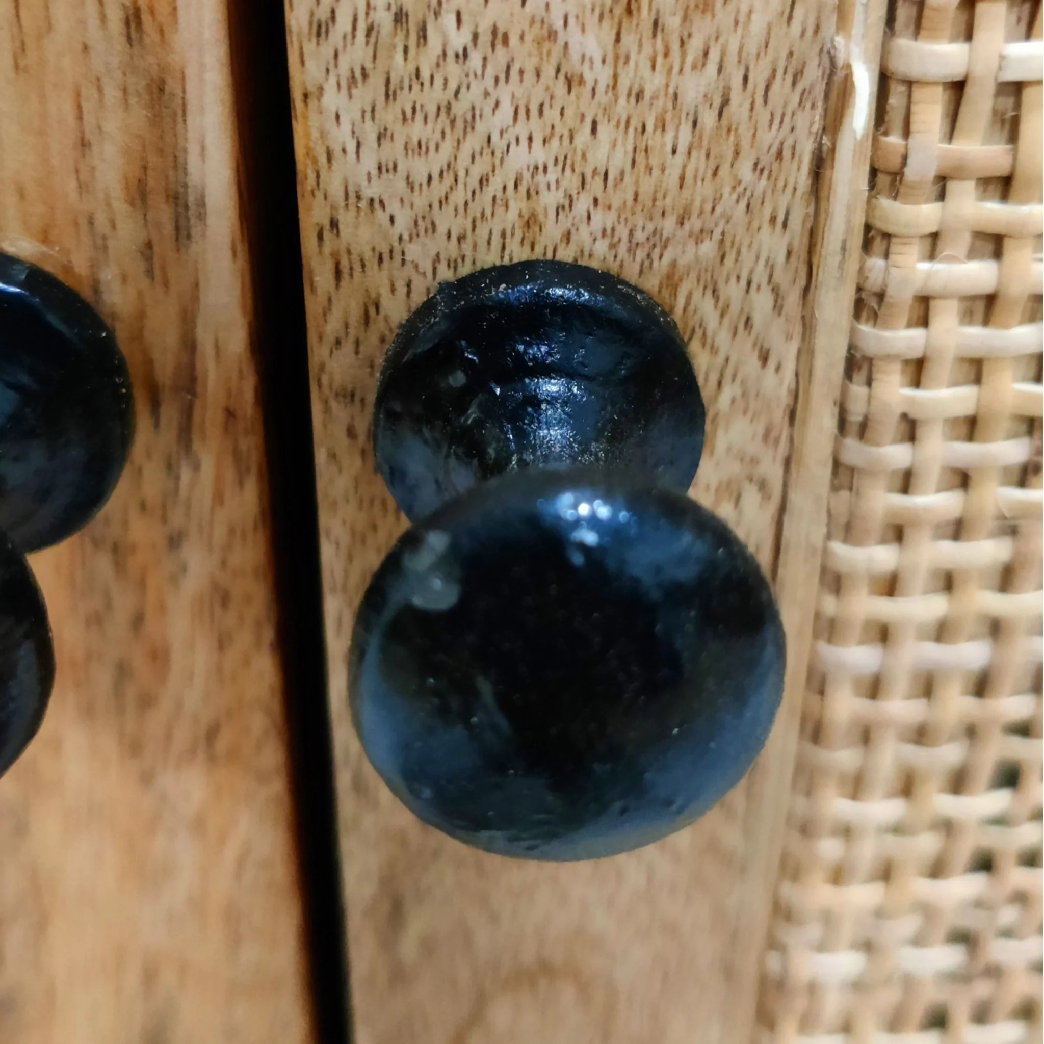 35 Inch Handcrafted Accent Cabinet with 2 Mesh Rattan Doors, Black Iron Legs, Natural Brown Mango Wood Frame - Image 6