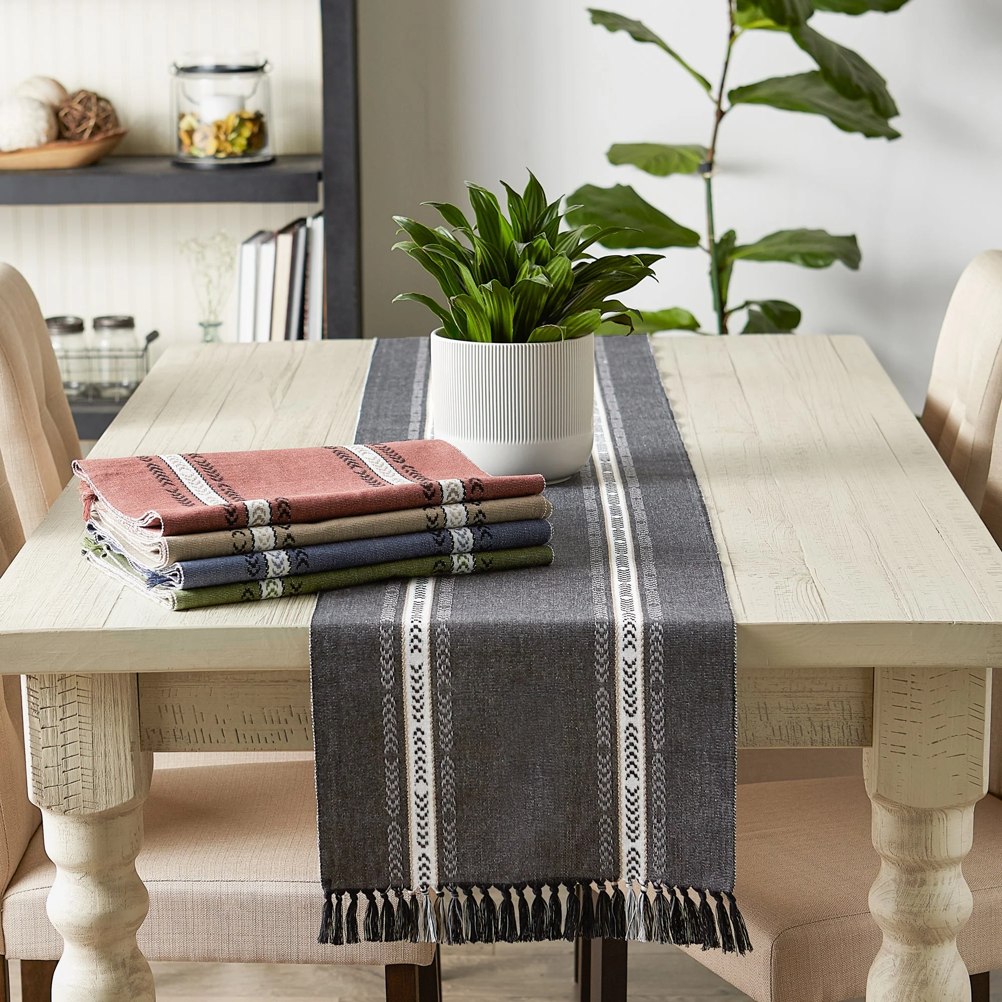 Black Dobby Striped Fringe Ribbed Table Runner - Image 9