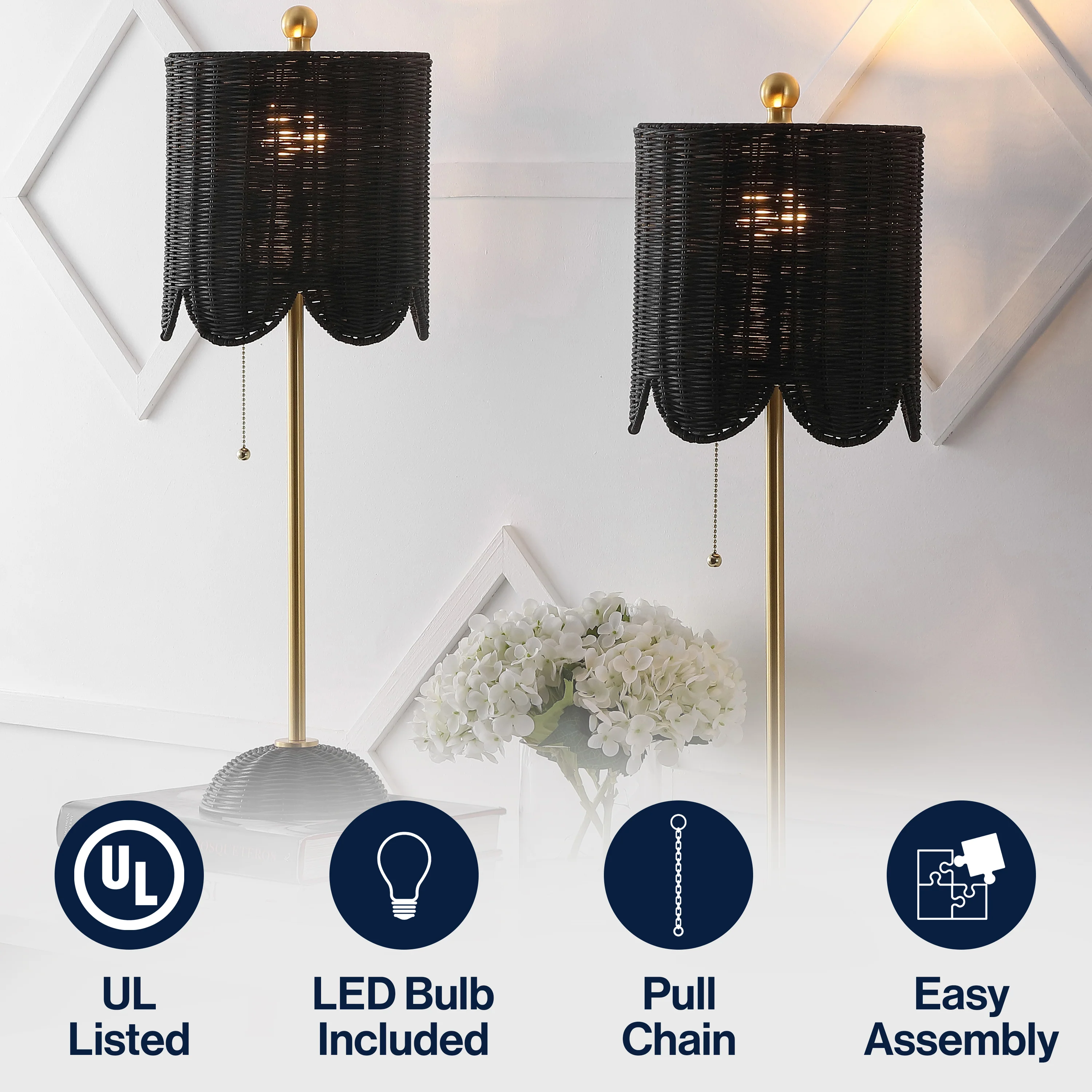 Celerie Coastal Bohemian Rattan/Iron Scalloped Buffet LED Table Lamp with Pull Chain, Set of 2 - Image 11