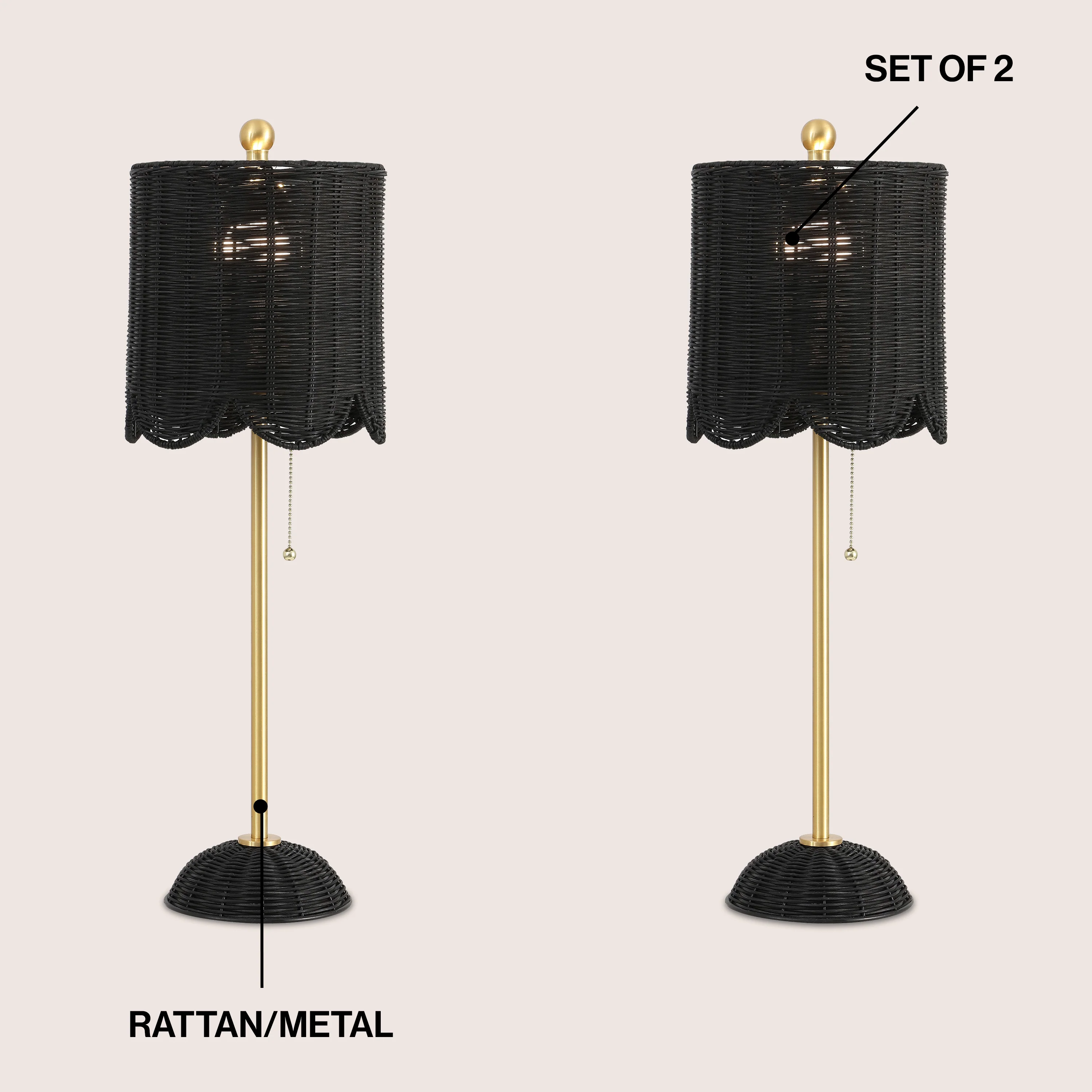 Celerie Coastal Bohemian Rattan/Iron Scalloped Buffet LED Table Lamp with Pull Chain, Set of 2 - Image 12