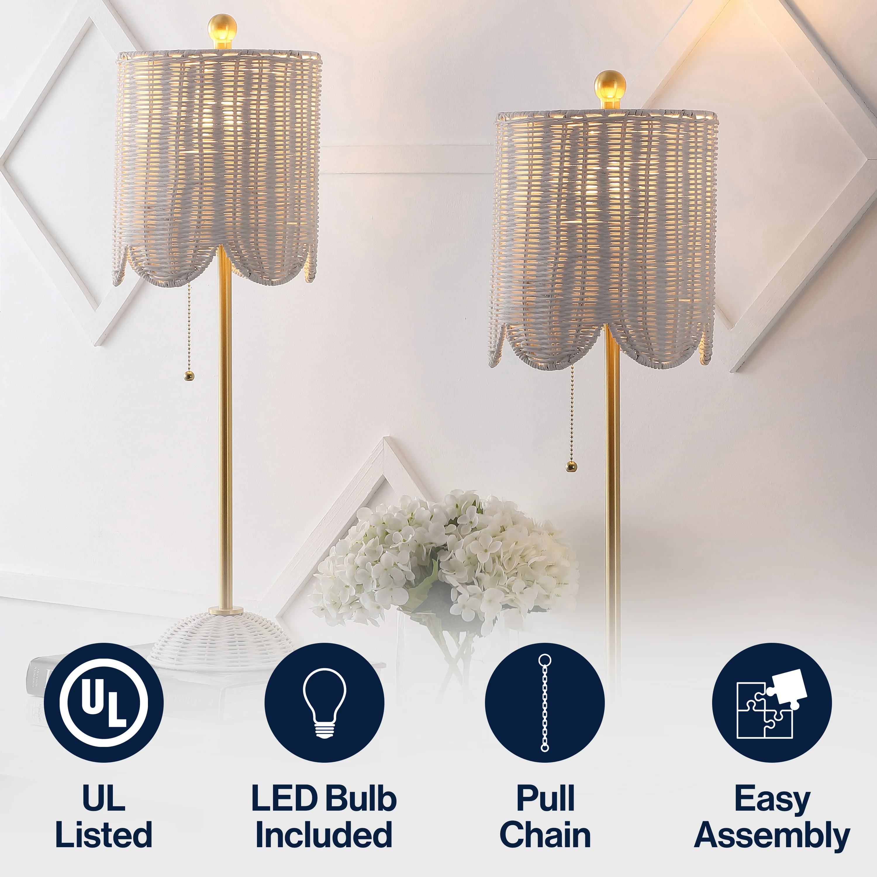 Celerie Coastal Bohemian Rattan/Iron Scalloped Buffet LED Table Lamp with Pull Chain, Set of 2 - Image 5