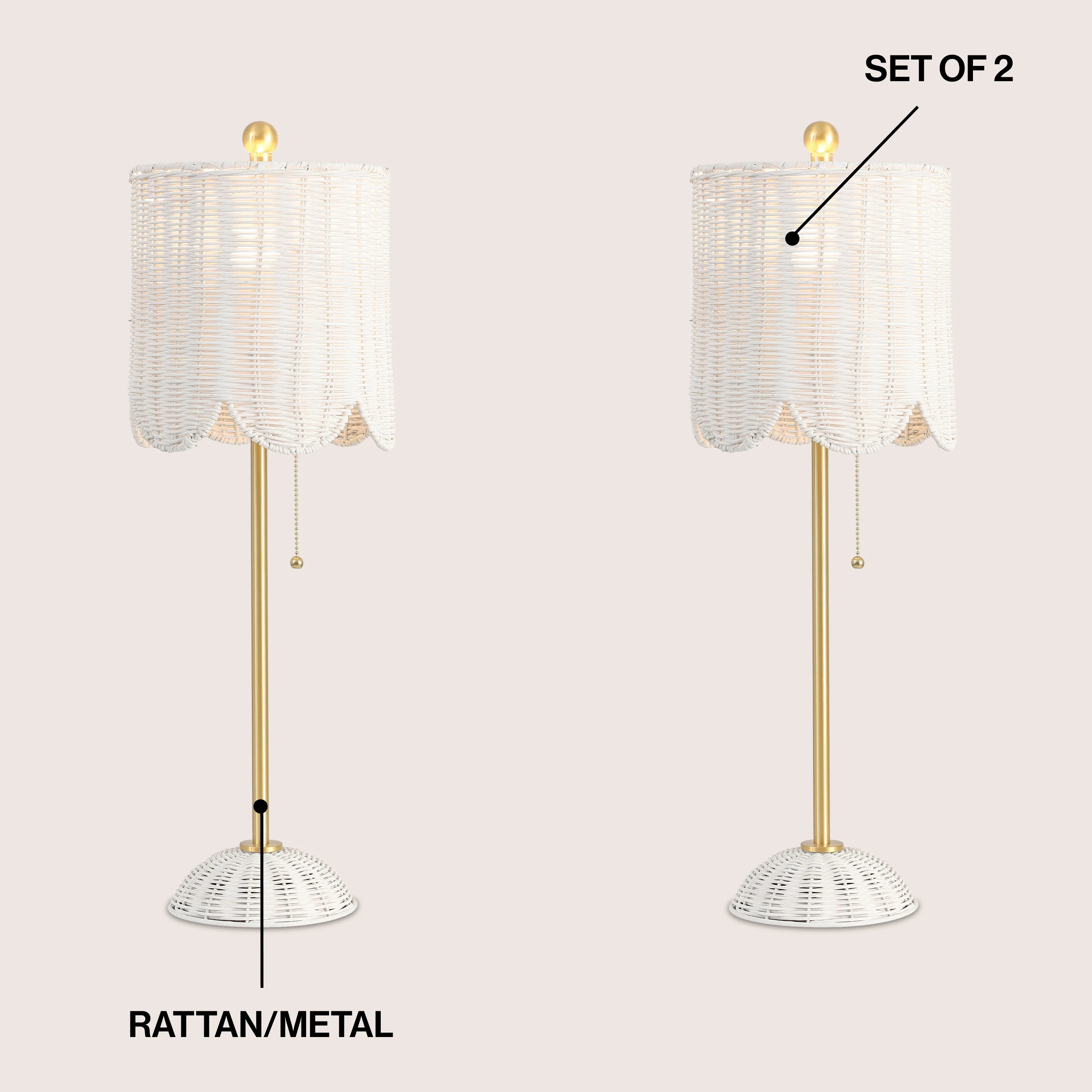Celerie Coastal Bohemian Rattan/Iron Scalloped Buffet LED Table Lamp with Pull Chain, Set of 2 - Image 6