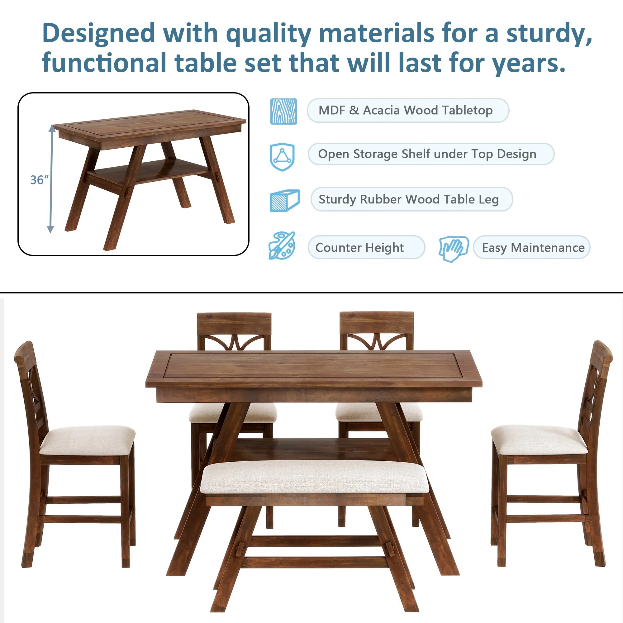 Lauren 6 Piece Counter Height Dining Table Set with Storage Shelf, 4 Chairs and Bench - Image 5