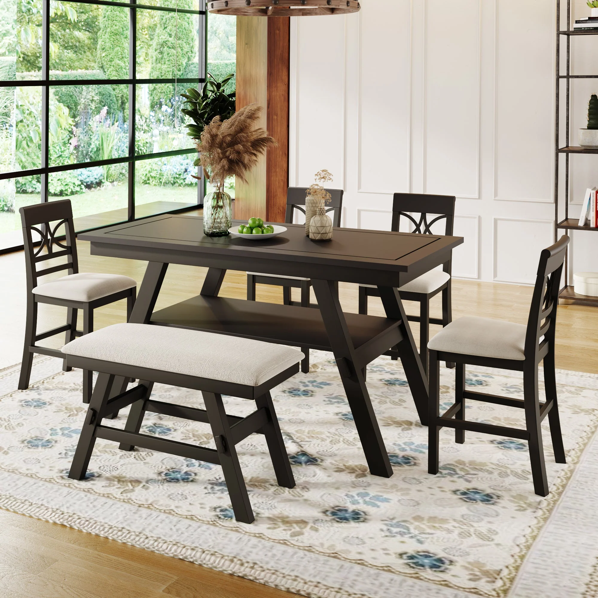 Lauren 6 Piece Counter Height Dining Table Set with Storage Shelf, 4 Chairs and Bench - Image 7