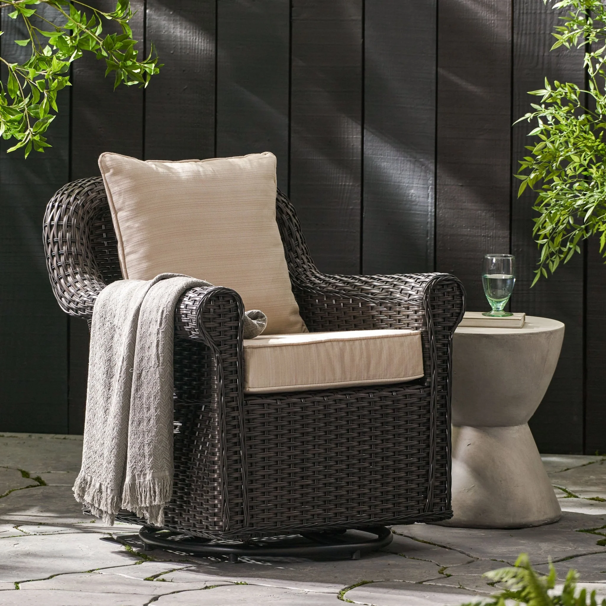 Outdoor Rattan Swivel Chair with Rolled Arm and Water-Resistant Cushions - Image 7