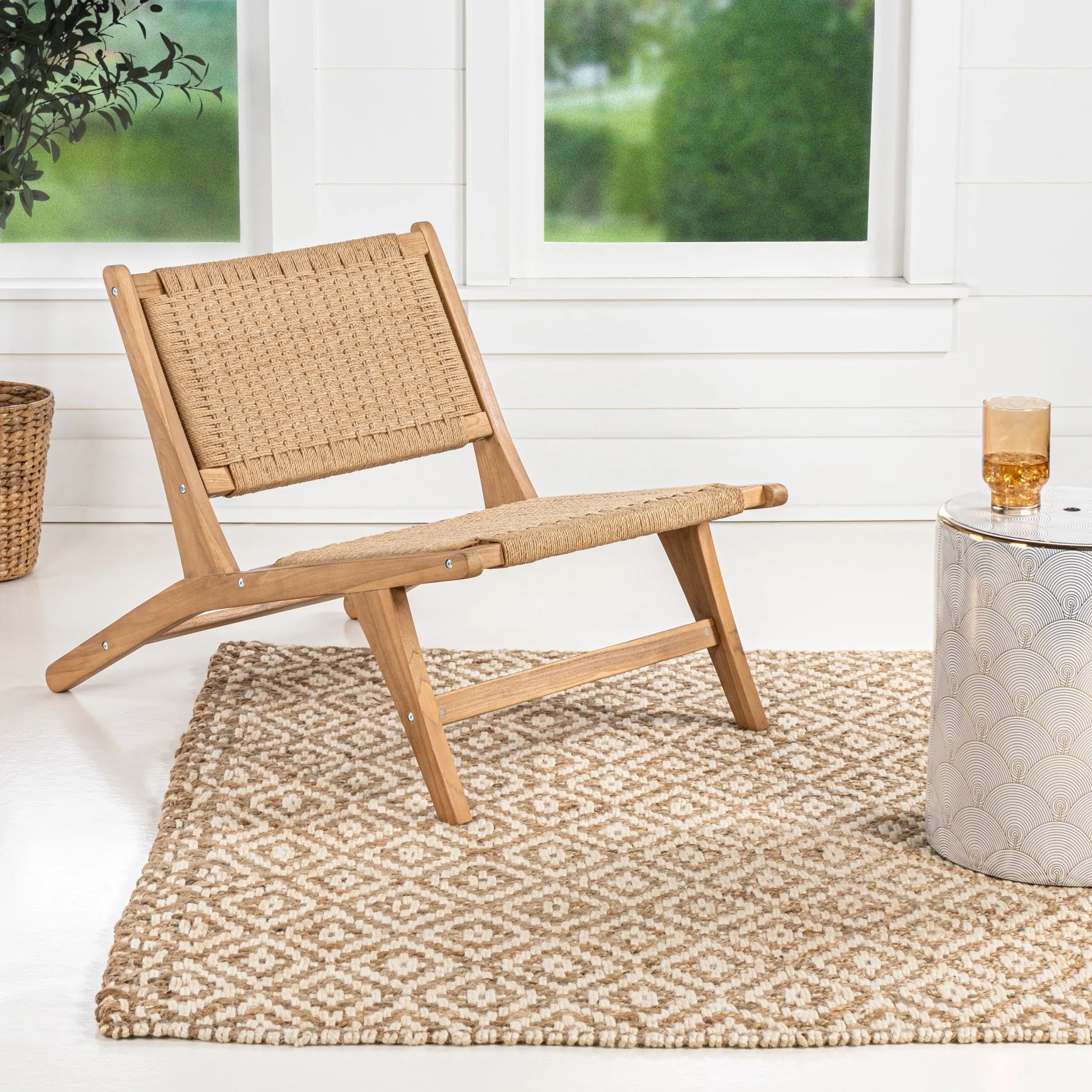 Parker Mid-Century Modern Woven Seagrass Wood Armless Lounge Chair - Image 3