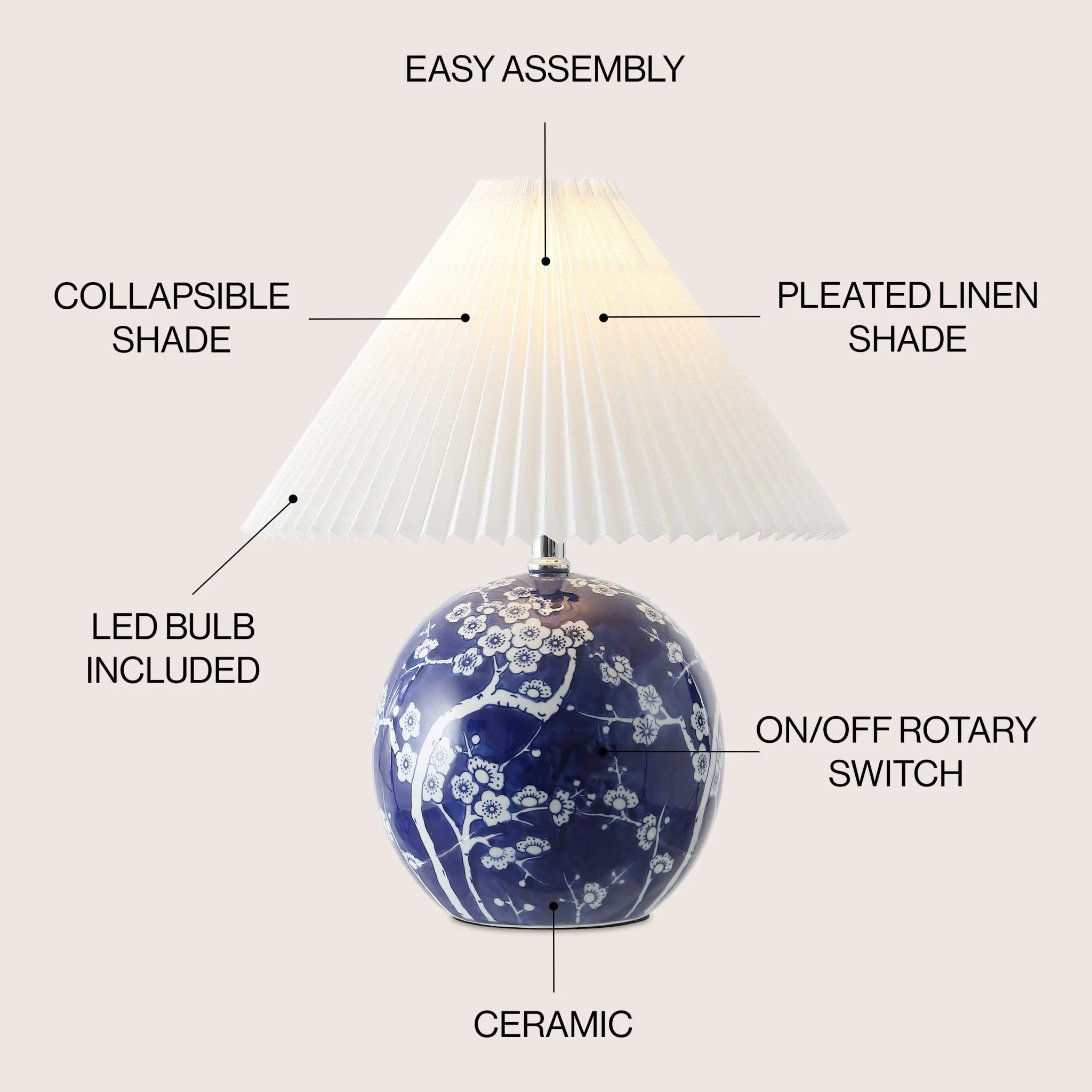 Shishen Cottage Classic Chinoiserie Ceramic Orb LED Table Lamp with Pleated Shade - Image 3