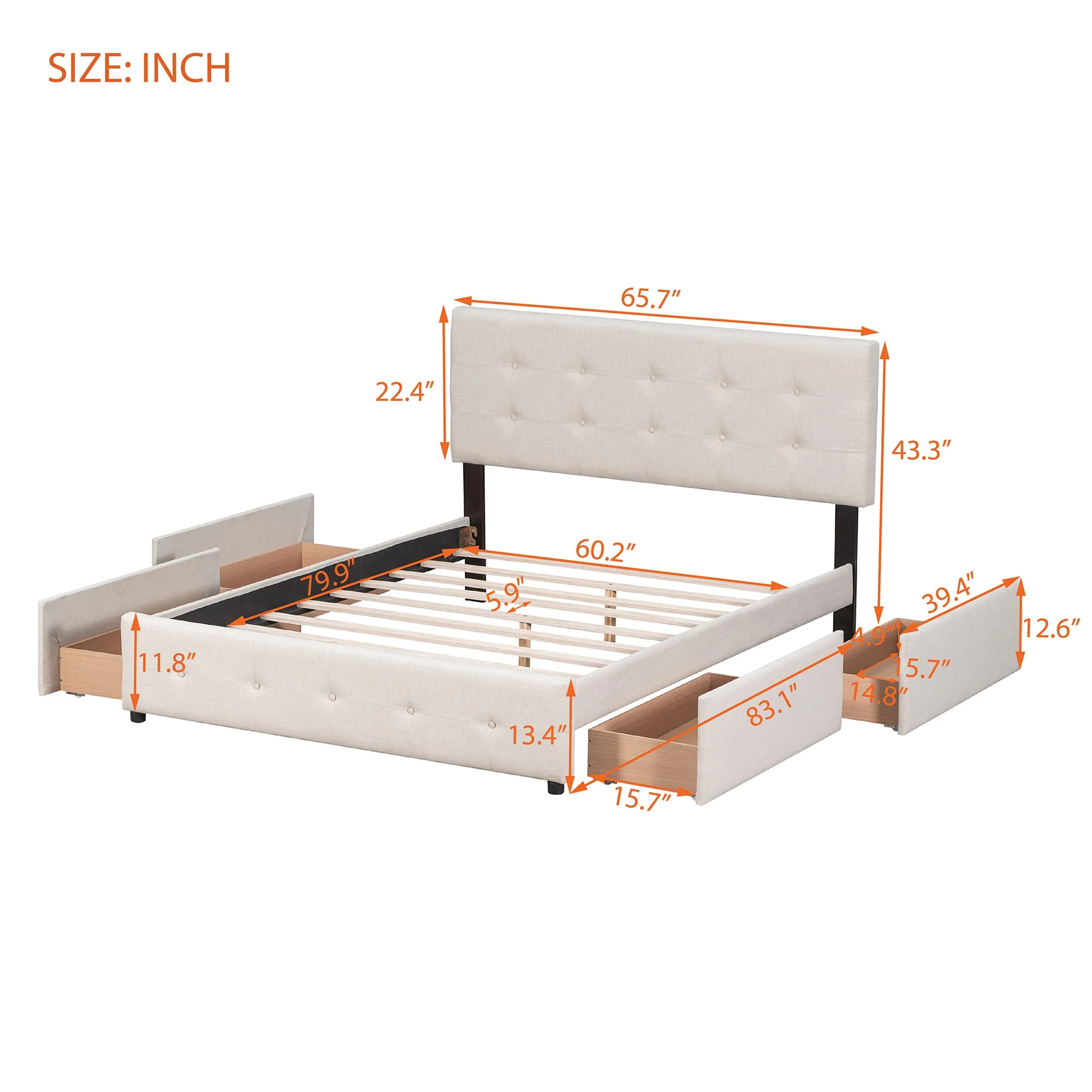 Upholstered Queen Platform Bed with Classic Headboard and 4 Drawers - Image 7